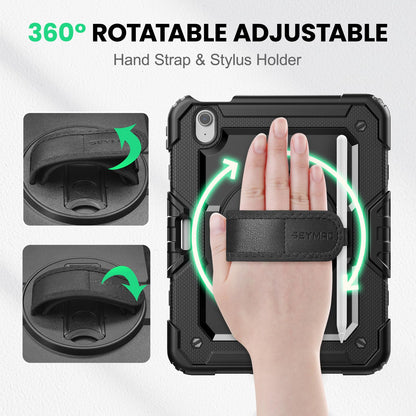 SEYMAC Case for iPad Air 11 Inch M4 / M3 / M2 (2026/2025 / 2024), Heavy Duty Shockproof Protective Case with Screen Protector, 360° Rotating Stand and Hand/Shoulder Strap, Black