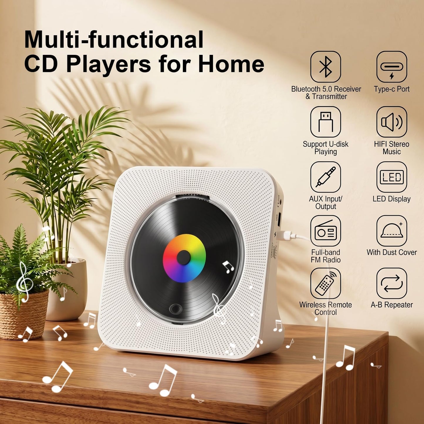 Gueray Reproductor de CD Bluetooth de Escritorio Portátil (Blanco)