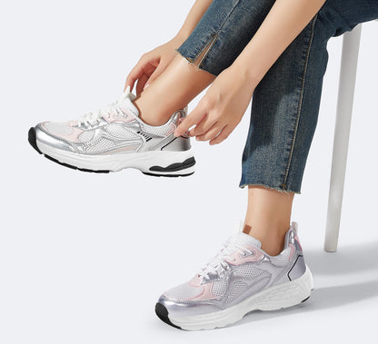 LUCKY STEP Women's Platform Chunky Fashion Sneakers Mesh Casual Running Tennis Workout Sport Work Trendy Athletic Walking Shoes (White/Silver, 8.5 US)
