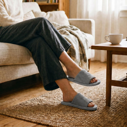 Yoerpe Women's Open Toe House Slippers – Breathable Waffle Fabric, Memory Foam Cushioning, Slip-On Summer Indoor Slippers, Non-Slip TPR Sole, Easy Care, Grey