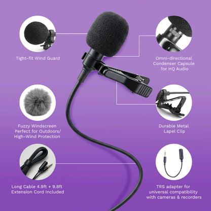 Purple Panda Wired Lavalier Microphone Omnidirectional – Attachable Lapel Mic Compatible with GoPro, DJI, Insta360, Tablet, iPad, DSLR, Camera, Ideal for Social Media Content Creators
