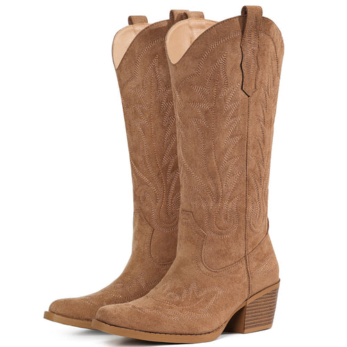 Fioralie Suede Cowboy Boots for Women Western Mid Calf Cowgirl Boots with Embroidered, Retro Snip Toe Fashion Boot With Chunky Block Heel Summer Fall Country Music Festival Cowboy Chic