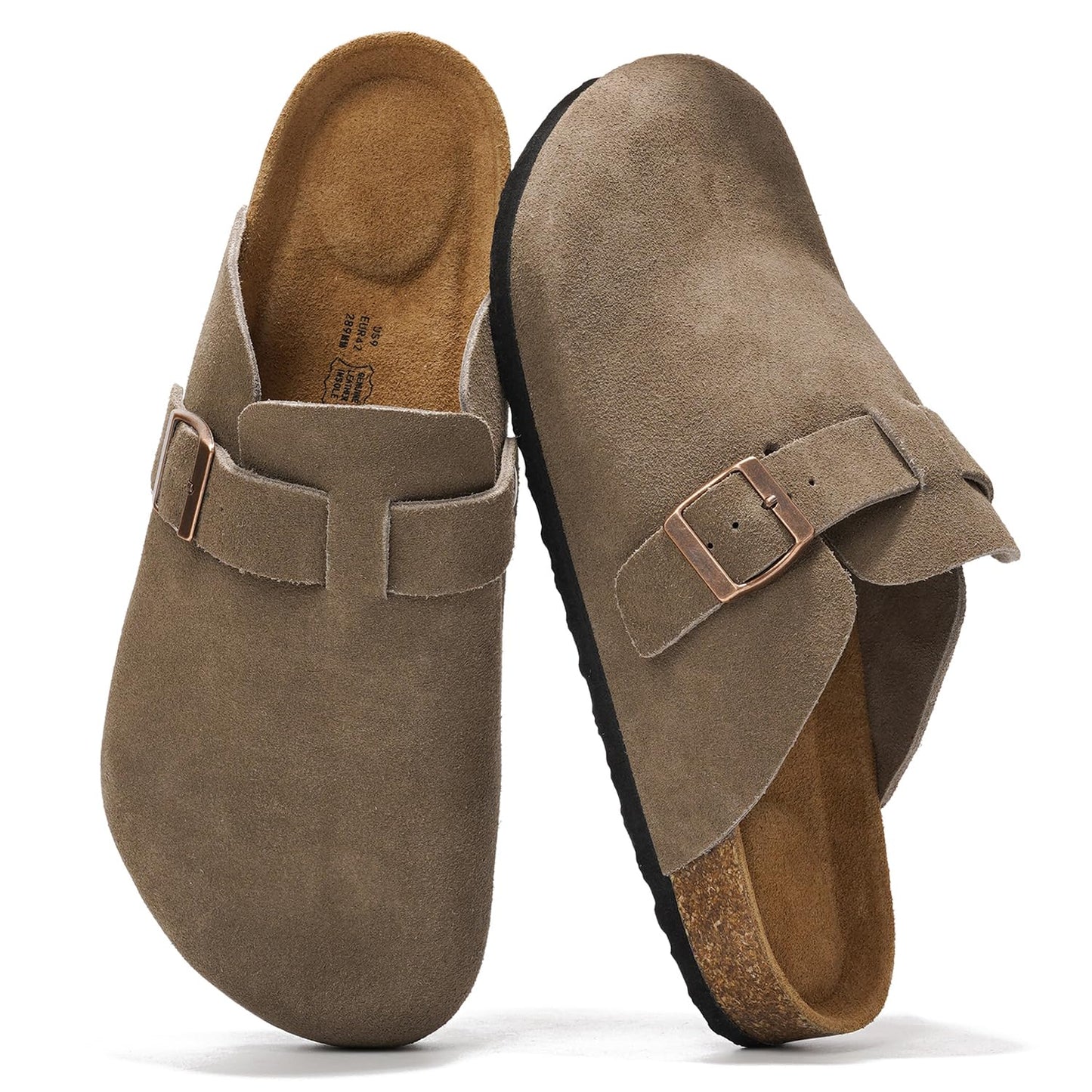 Project Cloud Mens Clogs - 100% Full Grain Genuine Leather Clogs for Men with Memory Foam Insole and Arch Support Natural Cork Footbed - Non Slip Mules Mens Slippers (Brooklyn, TAUPSUEDE