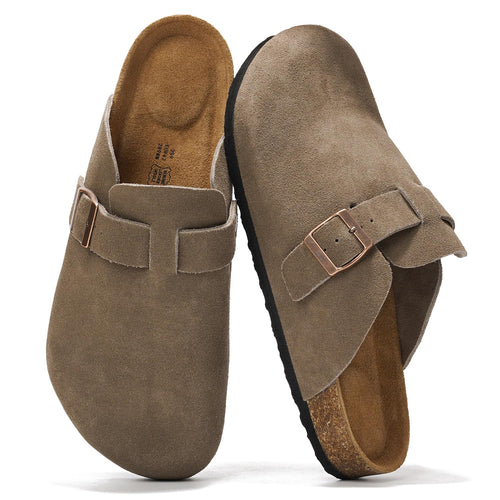 Project Cloud Mens Clogs - 100% Full Grain Genuine Leather Clogs for Men with Memory Foam Insole and Arch Support Natural Cork Footbed - Non Slip Mules Mens Slippers (Brooklyn, TAUPSUEDE
