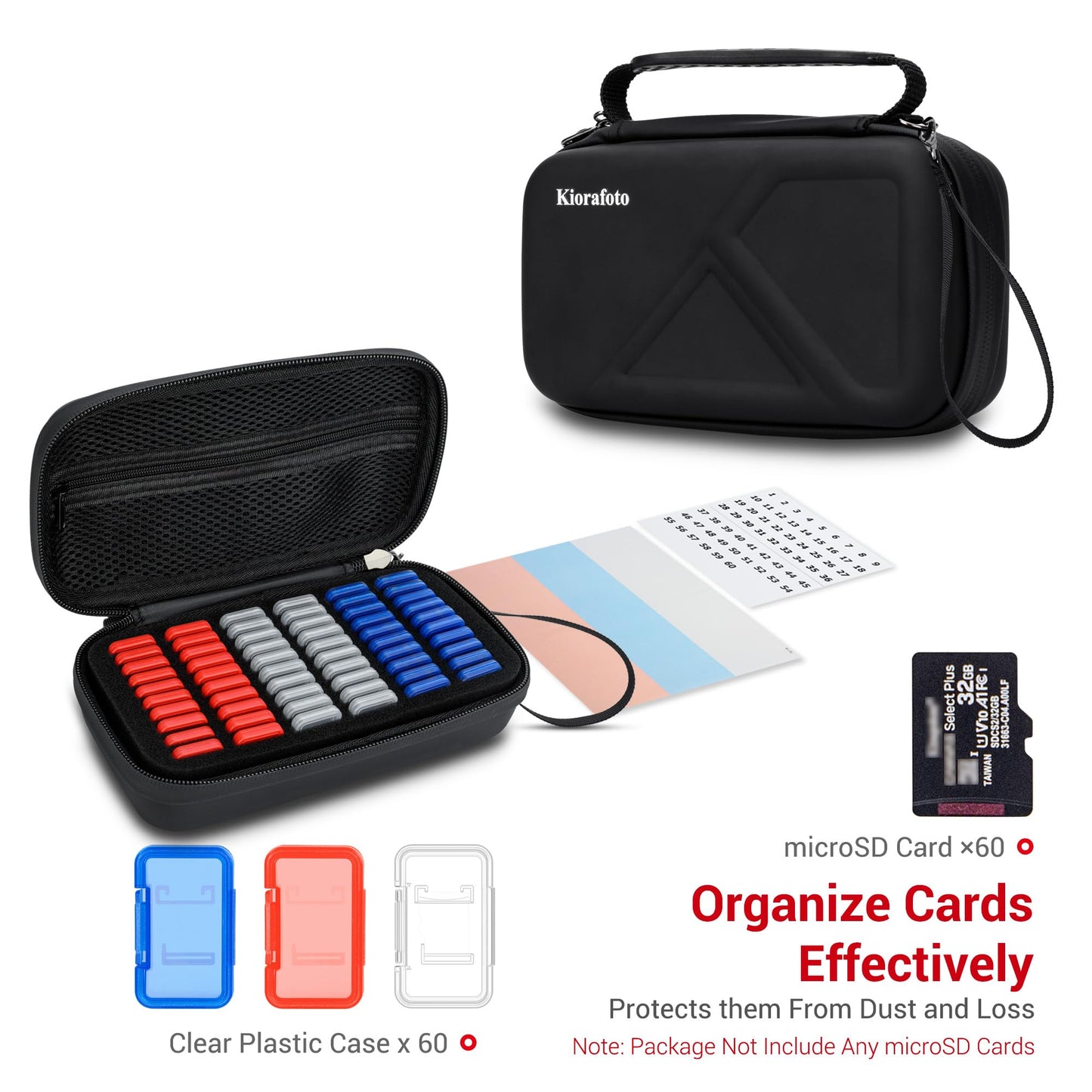 EVA PU Micro SD Card Case with 60 Individual Plastic TF Card Holders - Water-Resistant, Anti-Shock Carrying Organizer with Handle & Label