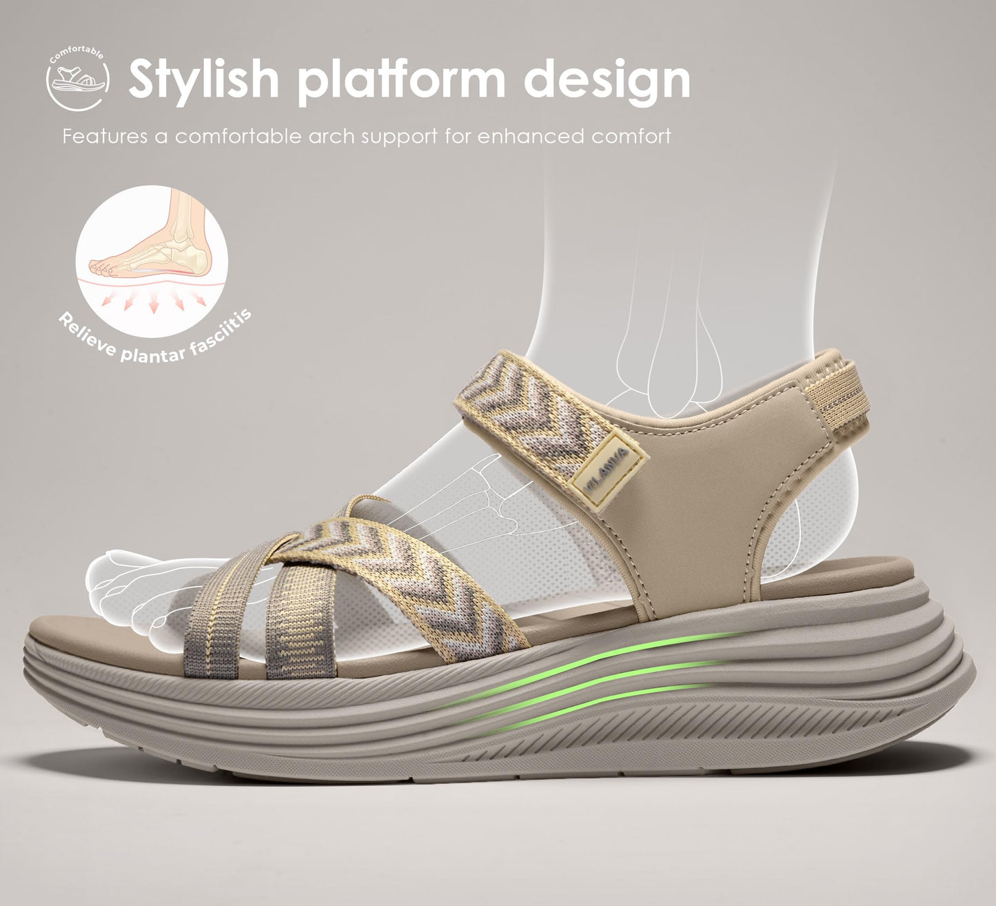 Vilanva Women's Comfortable Orthopedic Platform Walking Sandals with Arch Support Adjustable Buckle Cushioned Midsole for Plantar Fasciitis Relief Casual Sport Summer Outfits