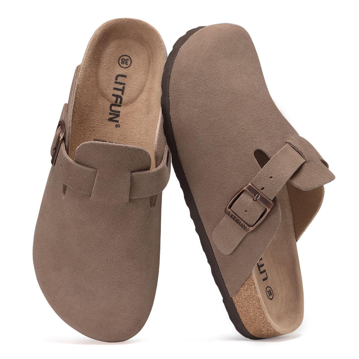 Litfun Unisex Genuine Suede Clogs Soft Footbed Leather Potato Shoes Comfort Slip On Clogs with Arch Support, Mocha