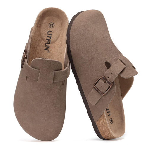 Litfun Unisex Genuine Suede Clogs Soft Footbed Leather Potato Shoes Comfort Slip On Clogs with Arch Support, Mocha