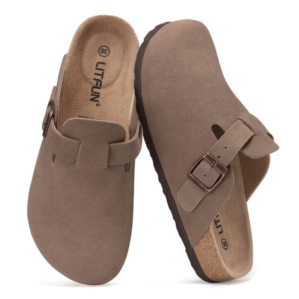 Litfun Unisex Genuine Suede Clogs Soft Footbed Leather Potato Shoes Comfort Slip On Clogs with Arch Support, Mocha