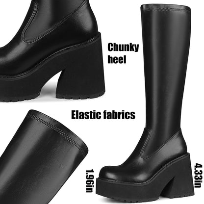 AMINUGAL Womens Elastic Knee High Boots Platform Chunky Block High Heel Sock Boots Zipper Round Toe Fashion Motorcycle Combat Punk Boots For Women Black