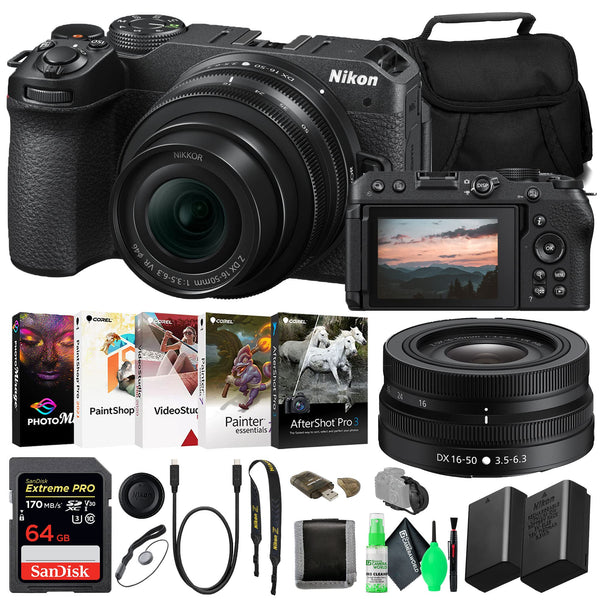 Nikon Z30 Mirrorless Digital Camera with 16-50mm Lens (1749) Bundle with 64GB Extreme PRO Card + EN-EL25 Extra Battery + Corel Photo Software + Camera Bag + Cleaning Kit + More
