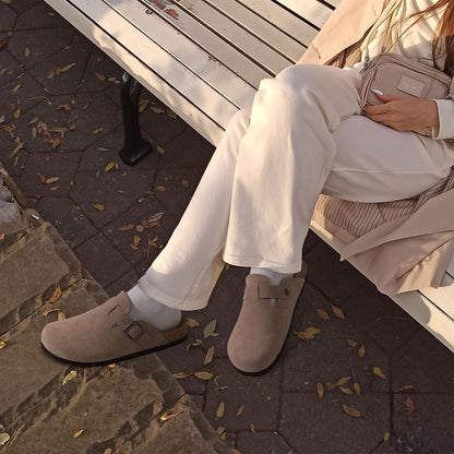 Litfun Unisex Genuine Suede Clogs Soft Footbed Leather Potato Shoes Comfort Slip On Clogs with Arch Support, Mocha