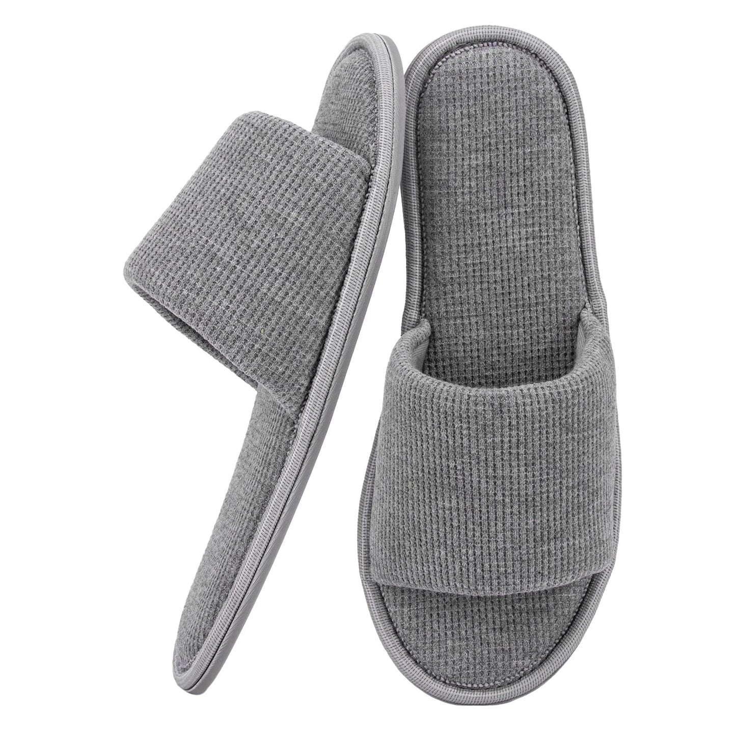 Yoerpe Women's Open Toe House Slippers – Breathable Waffle Fabric, Memory Foam Cushioning, Slip-On Summer Indoor Slippers, Non-Slip TPR Sole, Easy Care, Grey