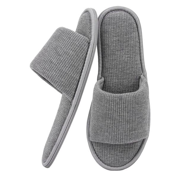 Yoerpe Women's Open Toe House Slippers – Breathable Waffle Fabric, Memory Foam Cushioning, Slip-On Summer Indoor Slippers, Non-Slip TPR Sole, Easy Care, Grey