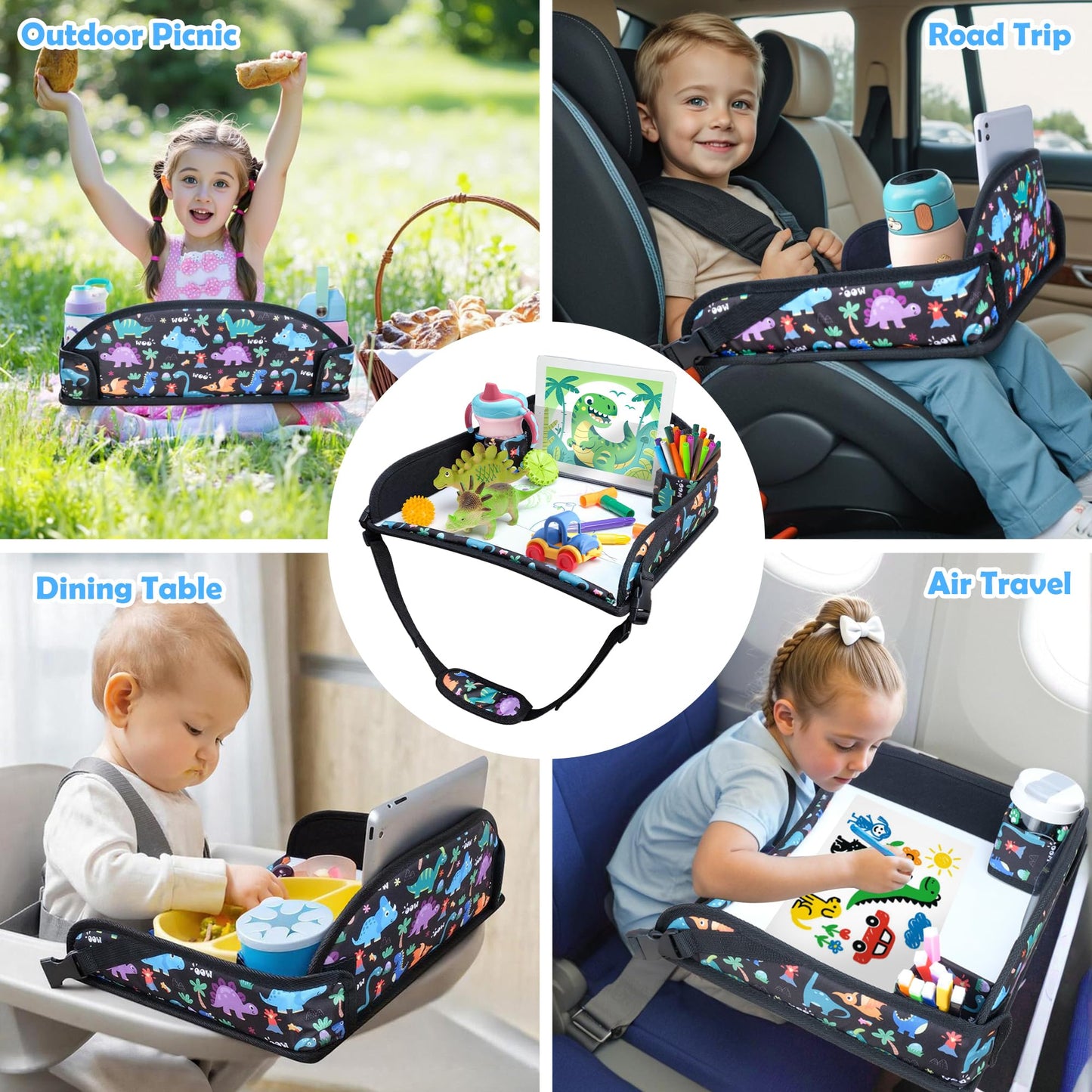AZAMIA Bandeja de Viaje para Niños y Asiento de Coche (Diseño de Dinosaurio)