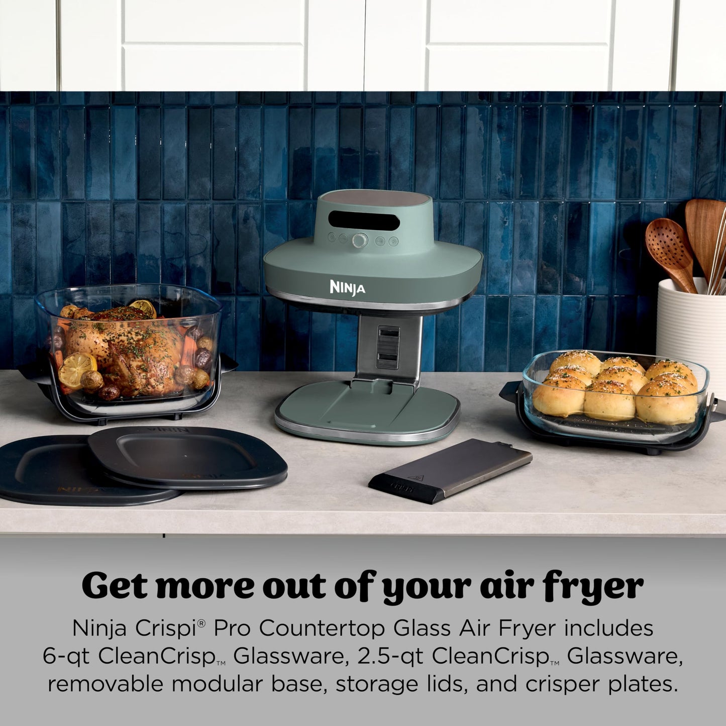 Ninja Crispi Pro 6-in-1 Glass Air Fryer | With Nontoxic, 6qt & 2.5qt Containers & Lids | Microwave, Freezer, Dishwasher Safe | 450°F Max Temp | 1800 Watt | Ash Grey | AS101DG