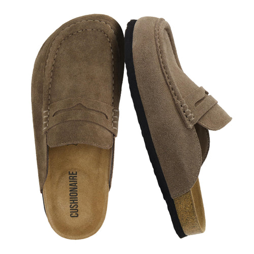 CUSHIONAIRE Fondu Genuine Leather Mule Clogs for Women, Comfortable Slip On Womens Shoes with Penny Strap Accent and Memory Foam Footbed, Taupe