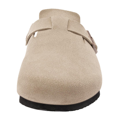 Brelzo Calvior Women's Suede Clogs Men's Slip-On Mules Non-Slip Potato Shoes Arch Support Sandals with Adjustable Buckle for Indoor & Outdoor Use Tan