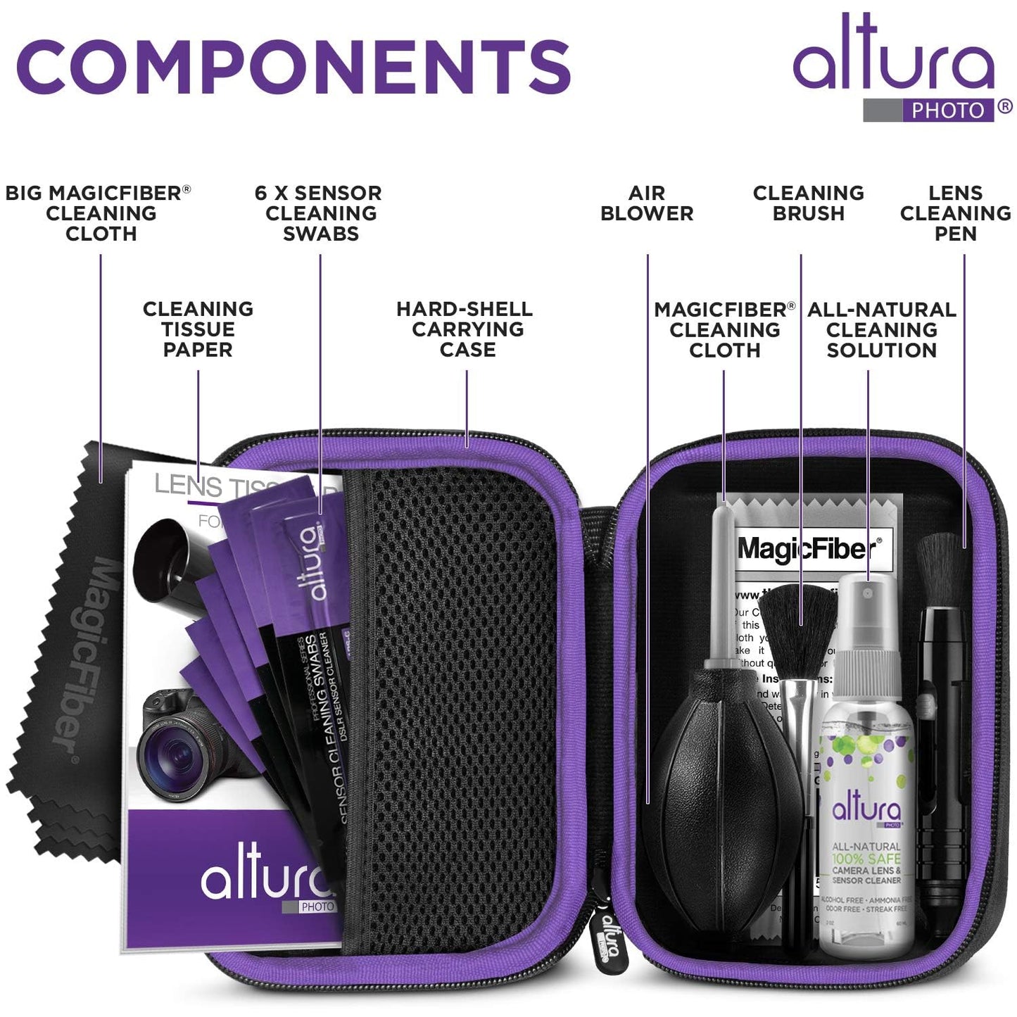 Altura Photo Camera Cleaning Kit - APS-C Lens & Sensor Cleaner with All-Natural Solution, 16mm Factory-Sealed Swabs, Pen, Blower, Brush, Cloths & Hard Case for Canon Nikon Sony DSLR Mirrorless