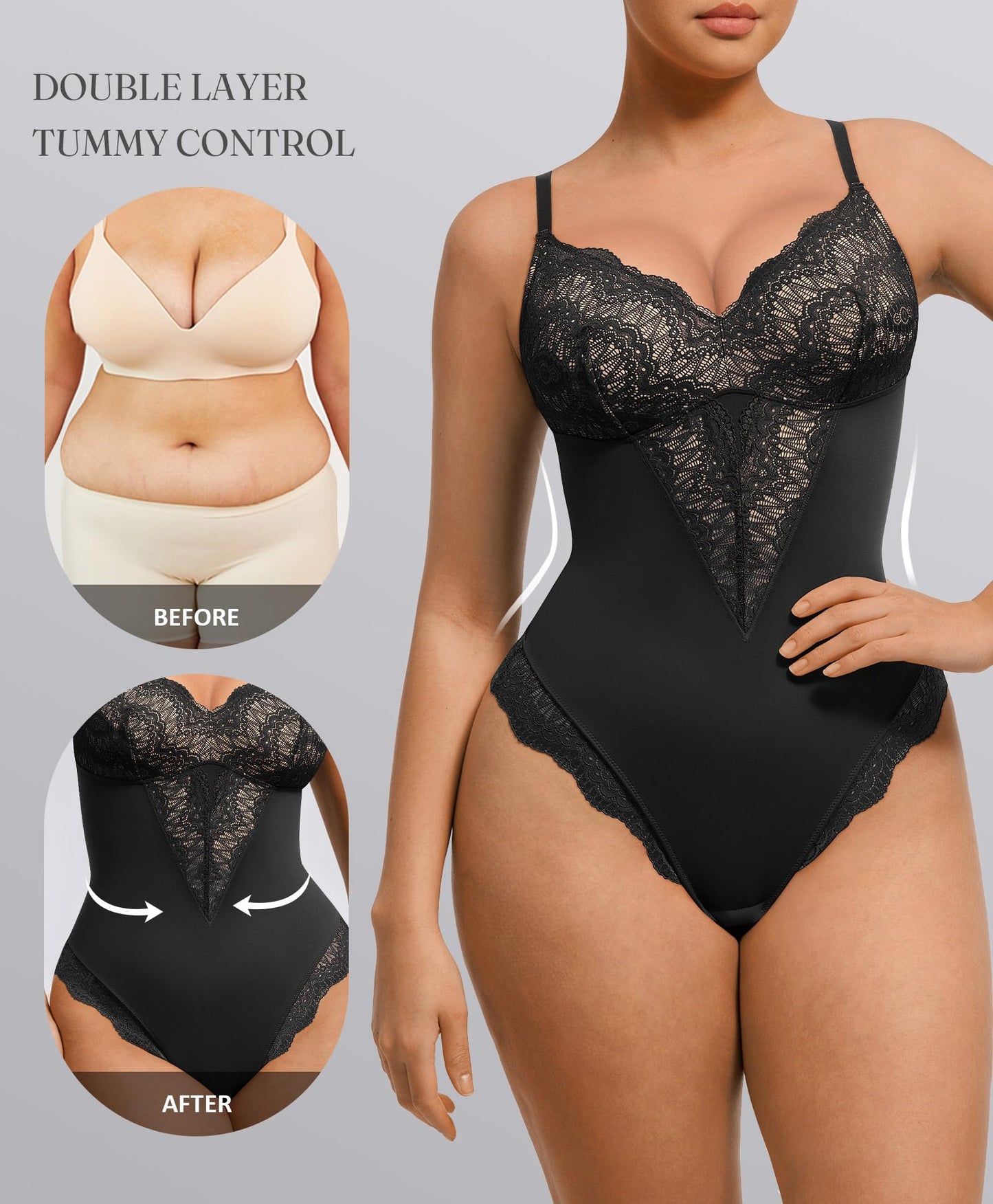 FeelinGirl Body Moldeador de Encaje para Mujer (Negro / Cuello en V)