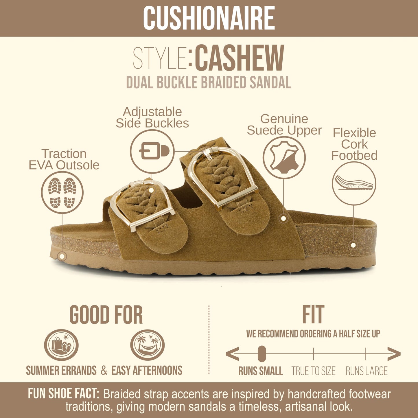 CUSHIONAIRE Cashew Slip On Womens Sandals, Genuine Suede Leather Braided Double Strap Slide On Sandals with Adjustable Big Buckle for Women 2026, Chestnut 7.5