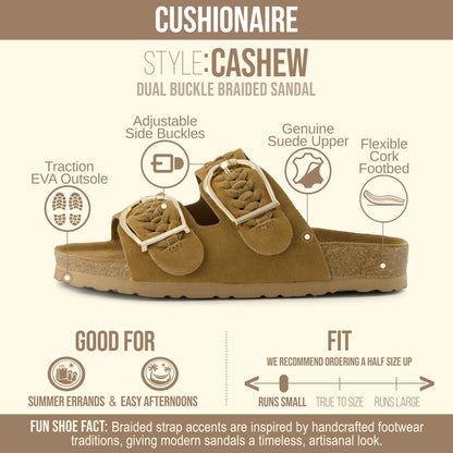 CUSHIONAIRE Cashew Slip On Womens Sandals, Genuine Suede Leather Braided Double Strap Slide On Sandals with Adjustable Big Buckle for Women 2026, Chestnut 7.5