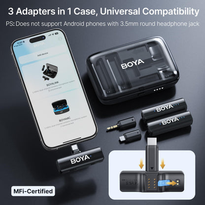 BOYA BOYALINK 2 Wireless Lavalier Microphone for iPhone/Camera/Android/PC, 3-in-1 RX, Mini Lapel Mic, 48kHz 24bit, 1000ft, 30h Use, 2 Level Noise reduction, Clip on Mic with USB-C/Lightning/3.5mm Plug