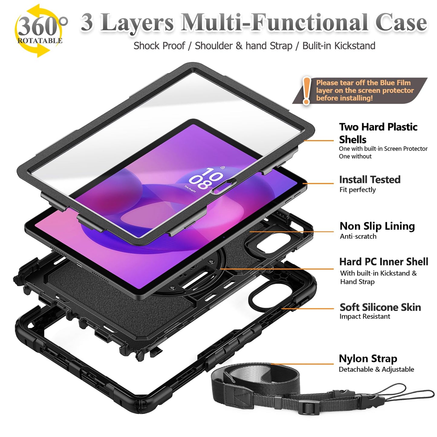 SEYMAC stock Tablet Case for Lenovo Idea Tab 11'' / M11 (TB336FU/TB330FU) 11 inch Drop-Proof Protection Cover with 360° Rotate Stand & Strap [Pen Holder] & Screen Protector 2025/2024, Black