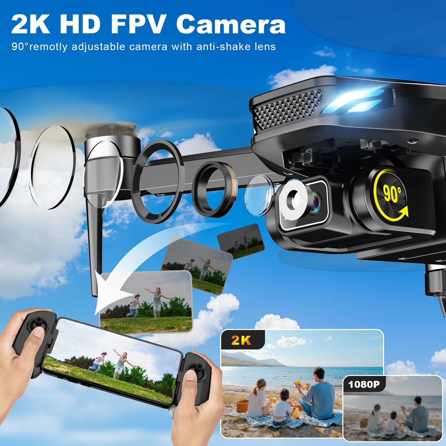 Dron GPS con Cámara 2K HD FPV para Adultos (Black)