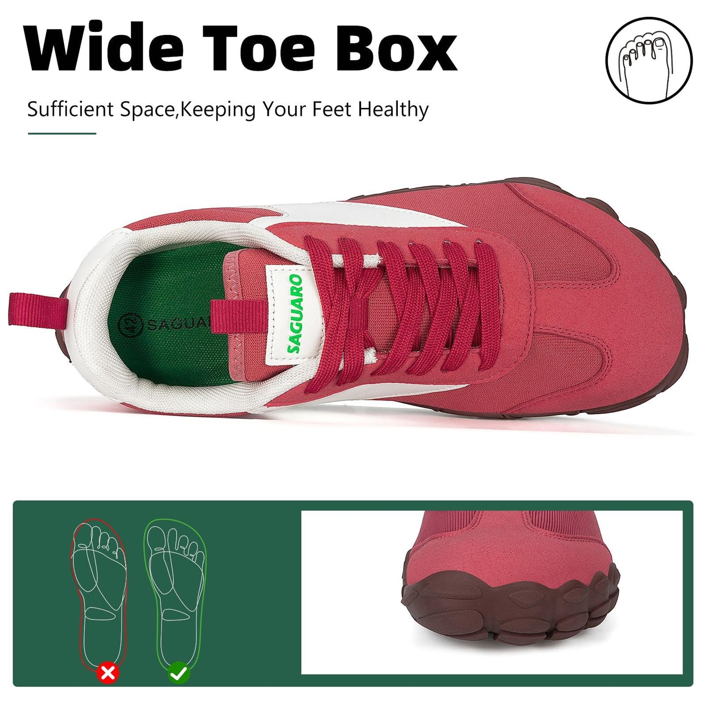 SAGUARO Wide Toe Box Minimalist Shoes for Men and Women, Zero Drop Trail-Runner Barefoot Sneakers Red 12.5 Women/10.5 Men
