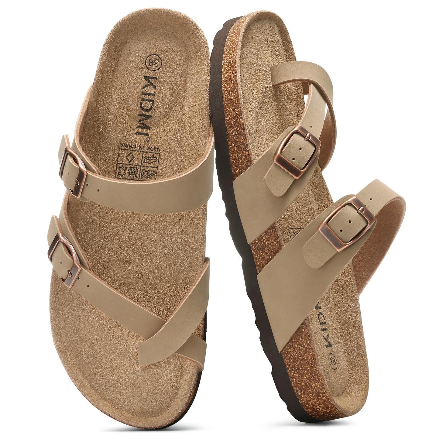 KIDMI Women's Cork Footbed Sandals with Toe Loop, Comfortable Summer Slip-On Slides with Adjustable Buckle, Apricot 37