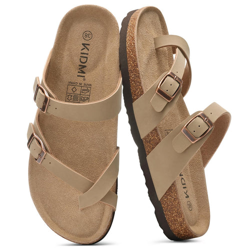 KIDMI Women's Cork Footbed Sandals with Toe Loop, Comfortable Summer Slip-On Slides with Adjustable Buckle, Apricot 37