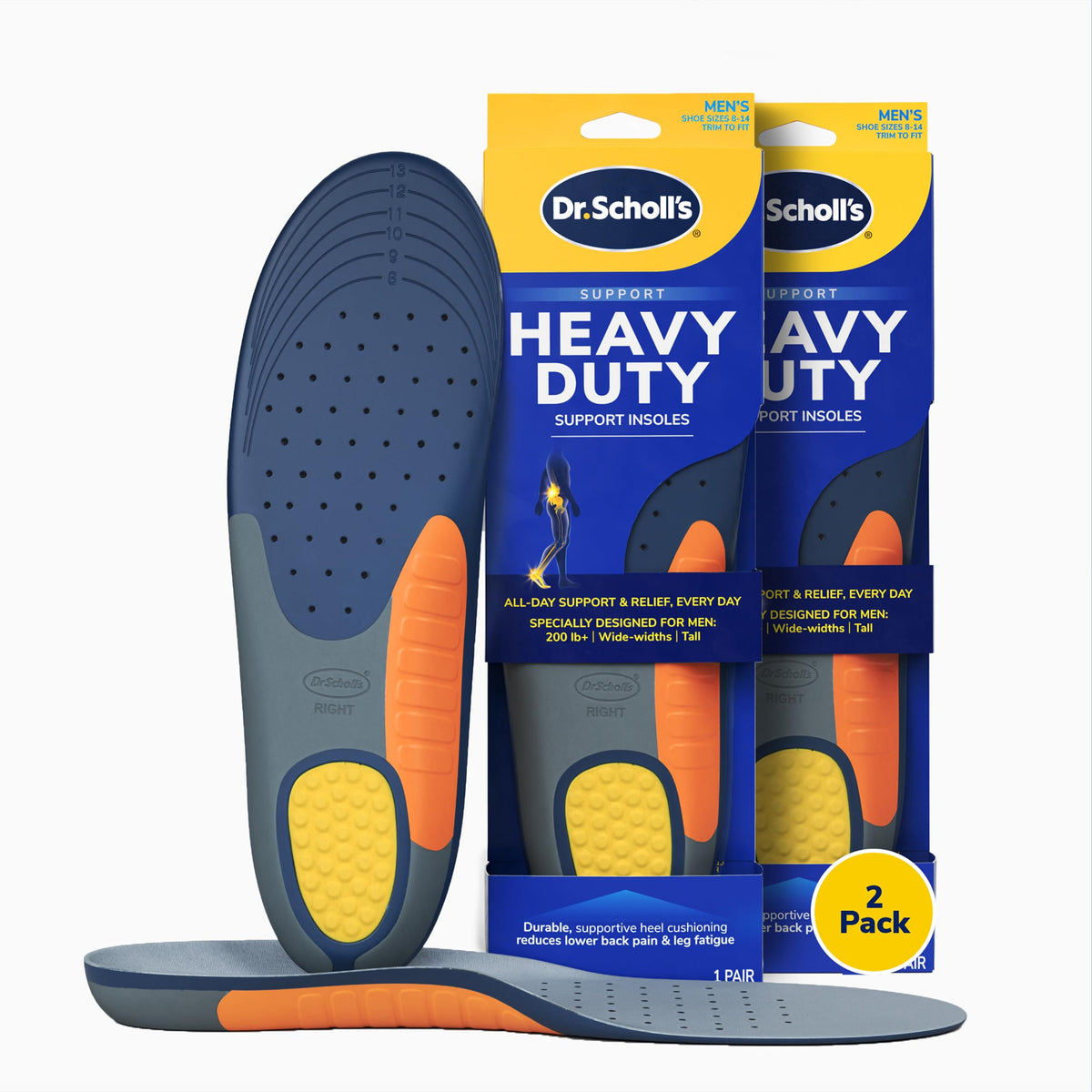 Dr. Scholl's Heavy Duty Support Insole Orthotics, Big & Tall, 200lbs+, Wide Feet, Shock Absorbing, Arch Support, Distributes Pressure, Trim to Fit Inserts, Work Boots & Shoes, Men Size 8-14, 2 Pairs
