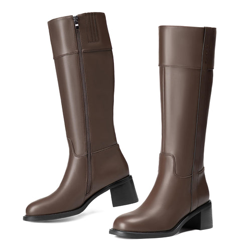 Reitoye Knee High Brown Boots Women Round Toe Chunky Block Heeled Boots Side Zipper Tall Gogo Boots Shoes