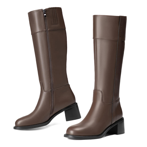 Reitoye Knee High Brown Boots Women Round Toe Chunky Block Heeled Boots Side Zipper Tall Gogo Boots Shoes