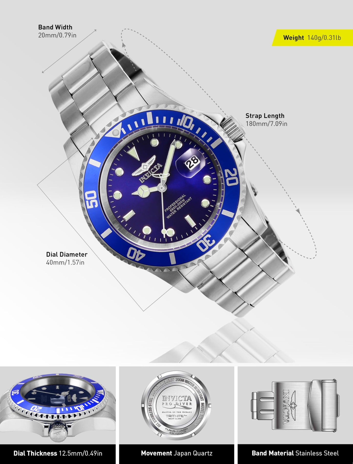 Invicta Men's Pro Diver Quartz Watch with Stainless Steel Strap, Silver, 20 (Model: 26971)