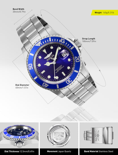 Invicta Men's Pro Diver Quartz Watch with Stainless Steel Strap, Silver, 20 (Model: 26971)