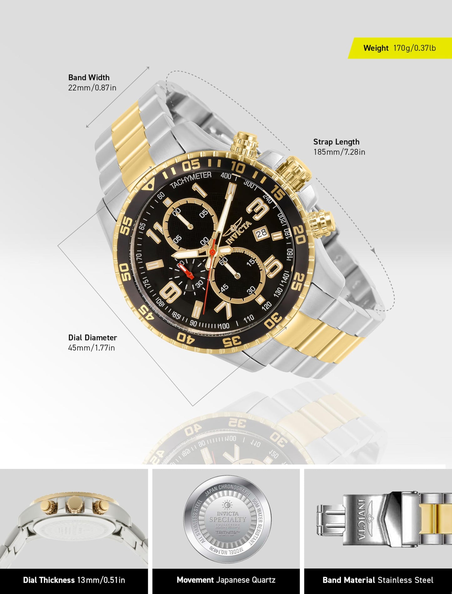 Invicta Men's 14876 Specialty Chronograph Black Textured Dial Two Tone Stainless Steel Watch