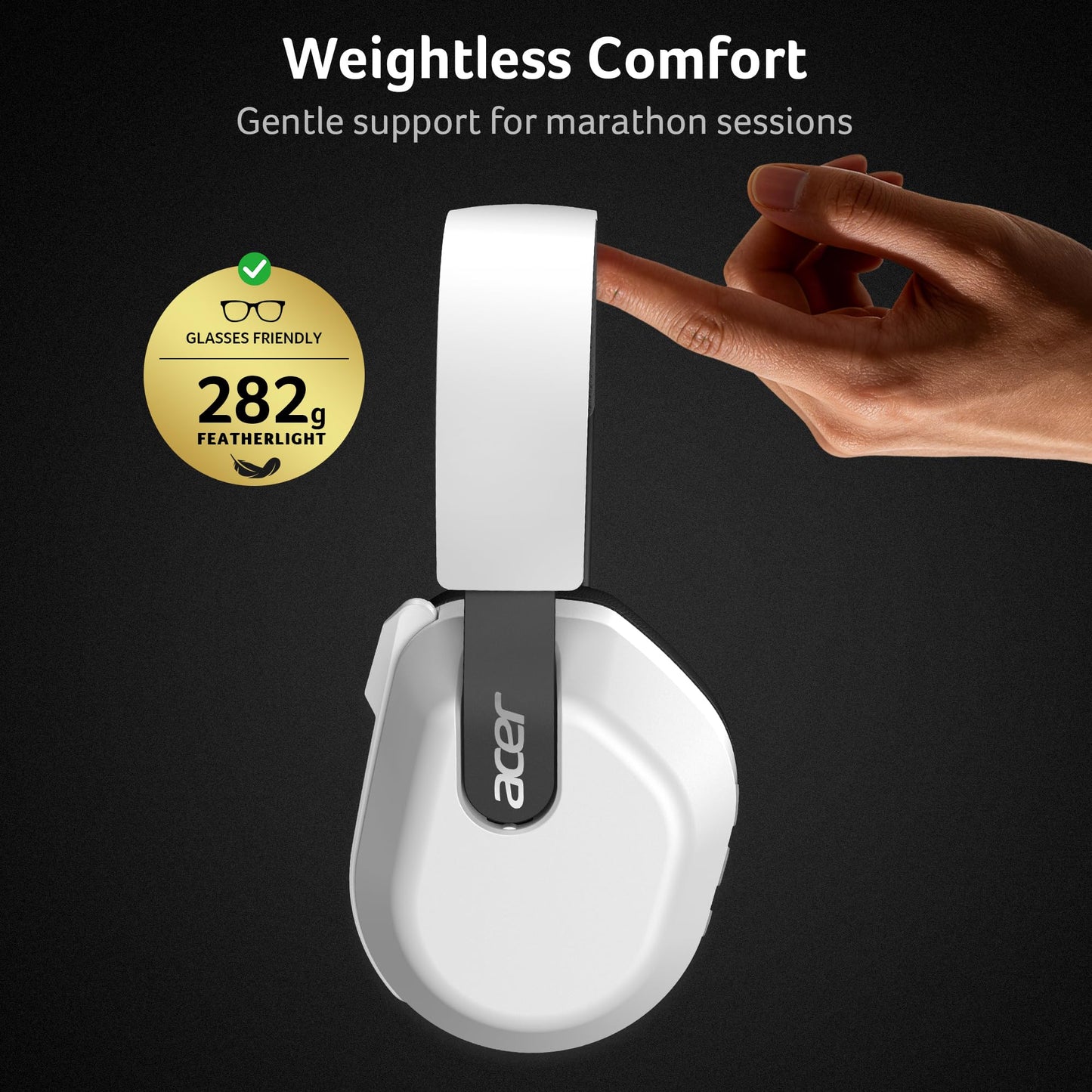acer Wireless Gaming Headset for PS5/PS4, PC, Mac, 2.4GHz & Bluetooth 6.0 Gaming Headphone with Flip-to-Mute Mic, Lightweight Glasses-Friendly, 70H Battery - White