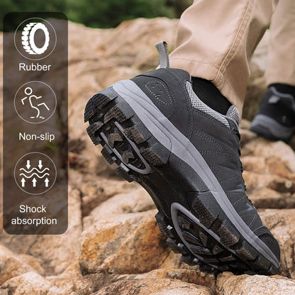 OL OUTJET LEGEND Men's Waterproof Hiking Shoes Leather Comfortable Lightweight Anti Slip Low Tops Outdoor Walking Work Shoes Black