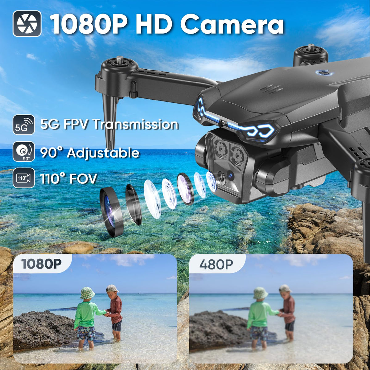 X-shop Dron Plegable con Cámara 1080P (Con 2 Baterías)