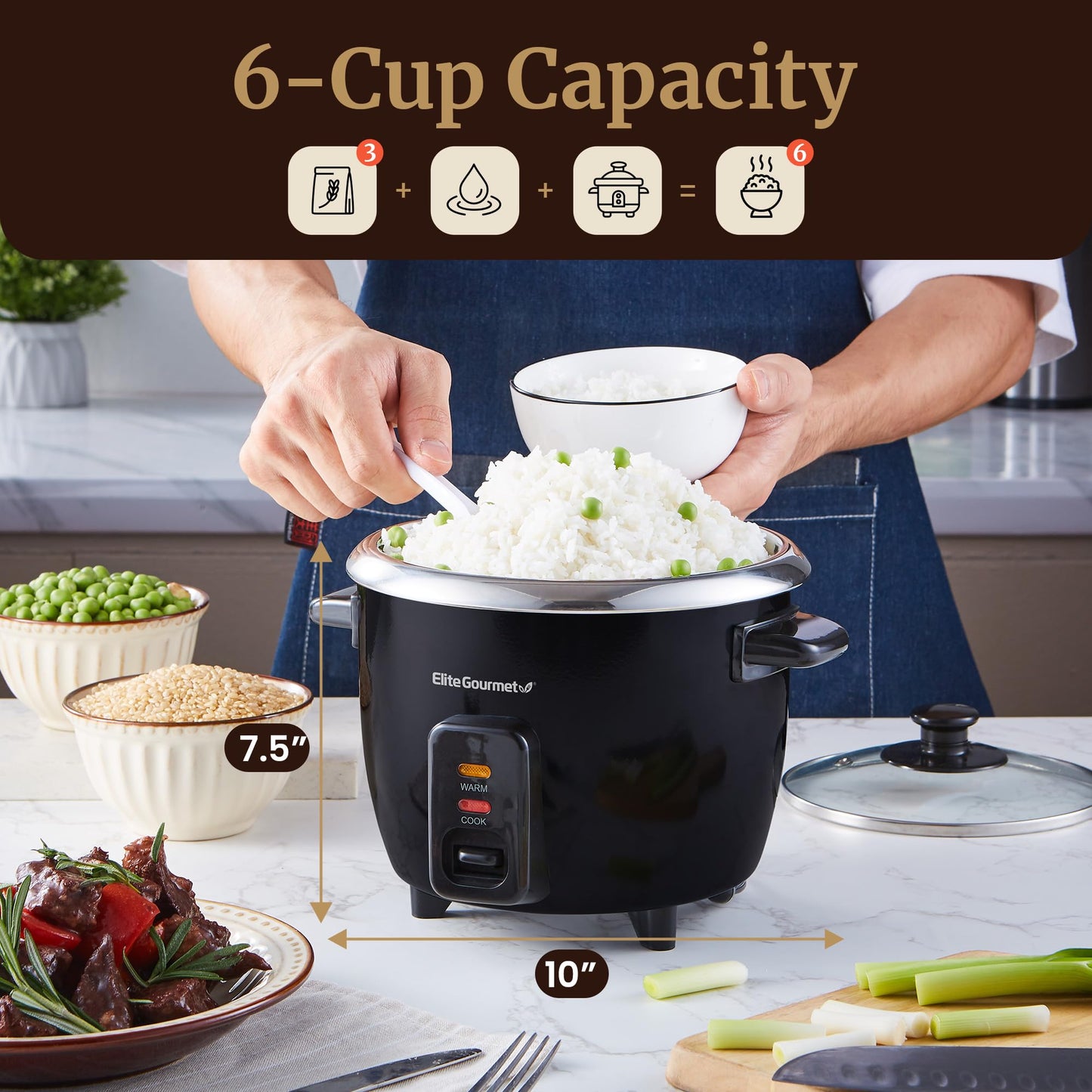 Elite Gourmet Olla Arrocera Eléctrica de 6 Tazas (Negro)