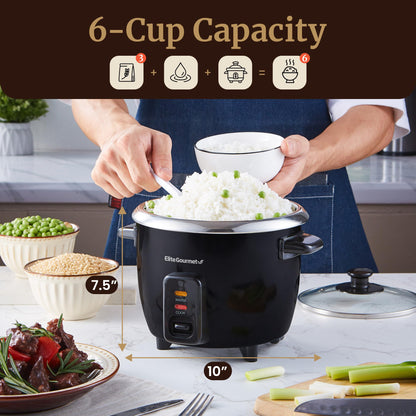 Elite Gourmet Olla Arrocera Eléctrica de 6 Tazas (Negro)