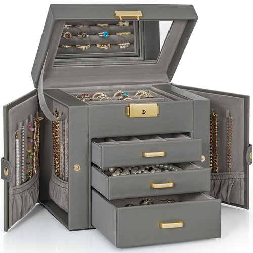 AKOZLIN Caja Organizadora de Joyas de Cuero de 4 Niveles (Gris Oscuro)