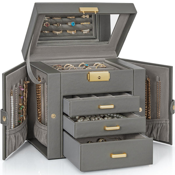 AKOZLIN Caja Organizadora de Joyas de Cuero de 4 Niveles (Gris Oscuro)