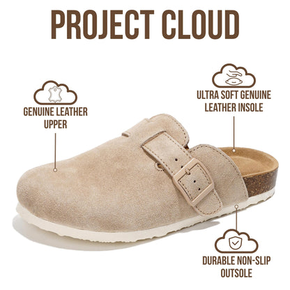 Project Cloud Genuine Leather Footbed Clogs for Women - Memory Foam Arch Support Slippers for Women - Trendy Slip-ons Women's Mules & Clogs Sandals (Benton, SANDSUEDE