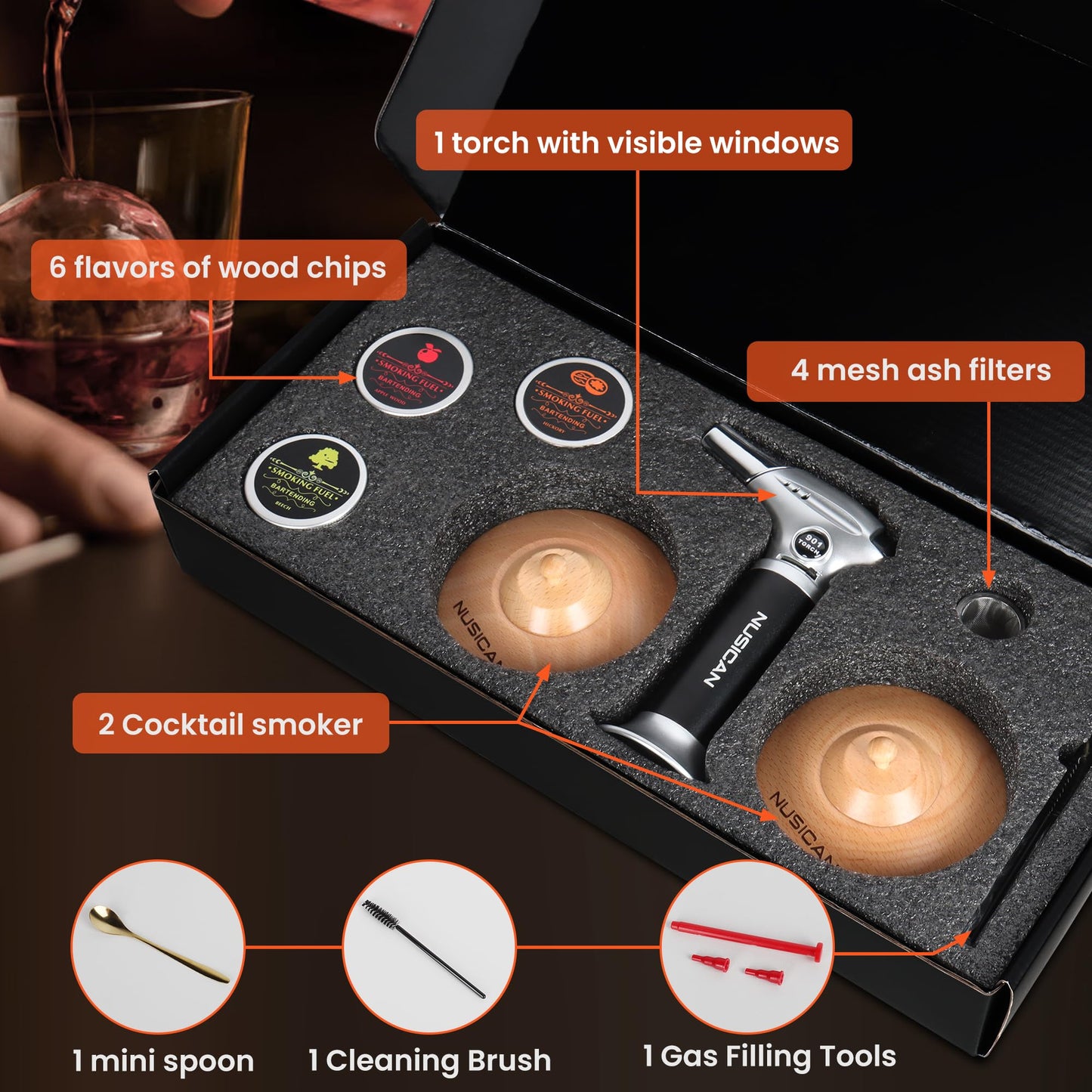 Kit Ahumador de Cócteles con Antorcha (6 Sabores de Virutas de Madera)
