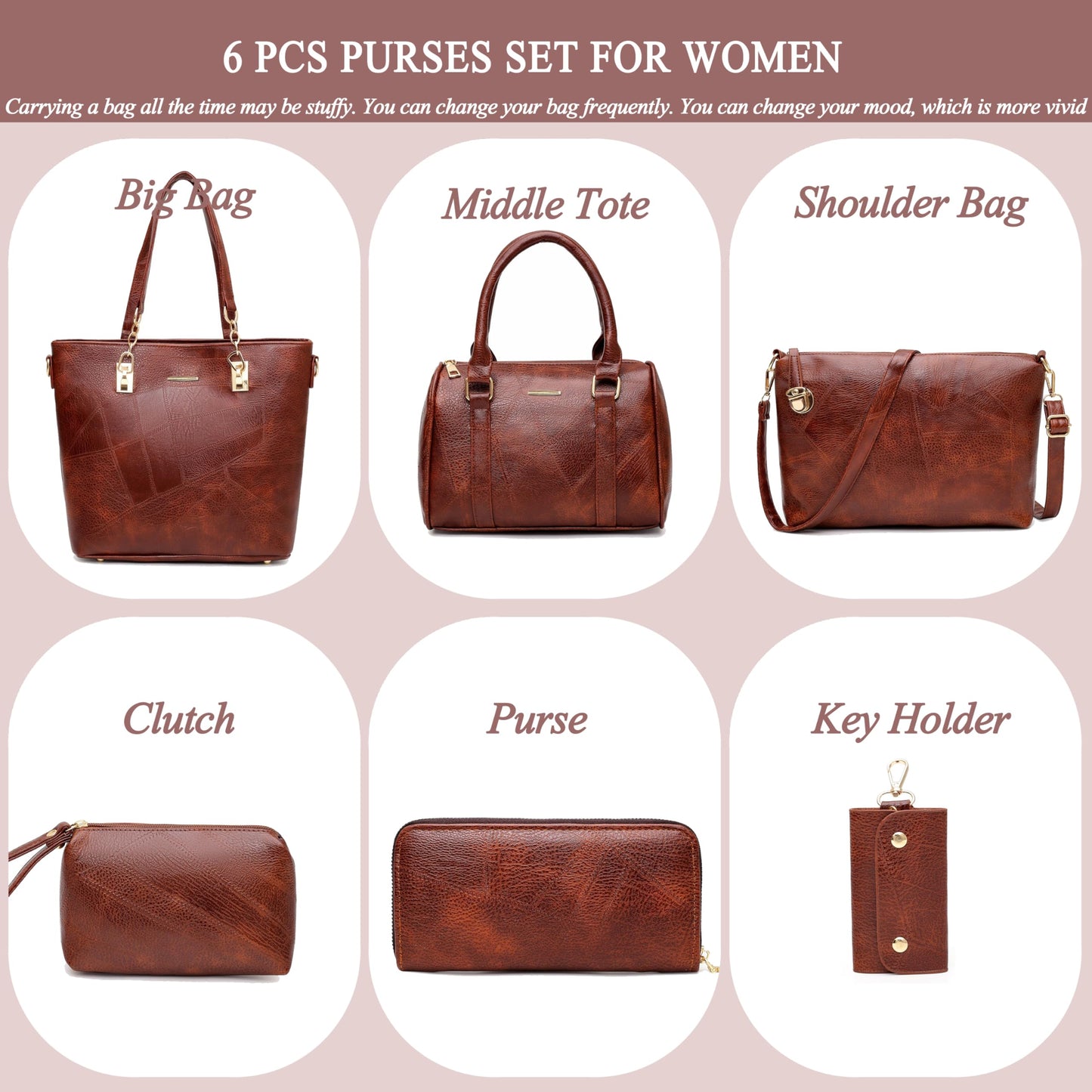 2E-youth Set de Bolsos y Carteras de Diseñador para Mujer (Marrón / 6 Piezas)