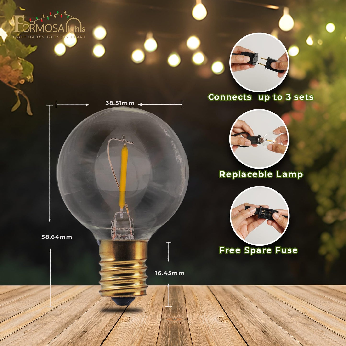 Formosa Guirnalda de Luces LED Navideñas 26ft (Interior/Exterior / 25 Bombillas G40)