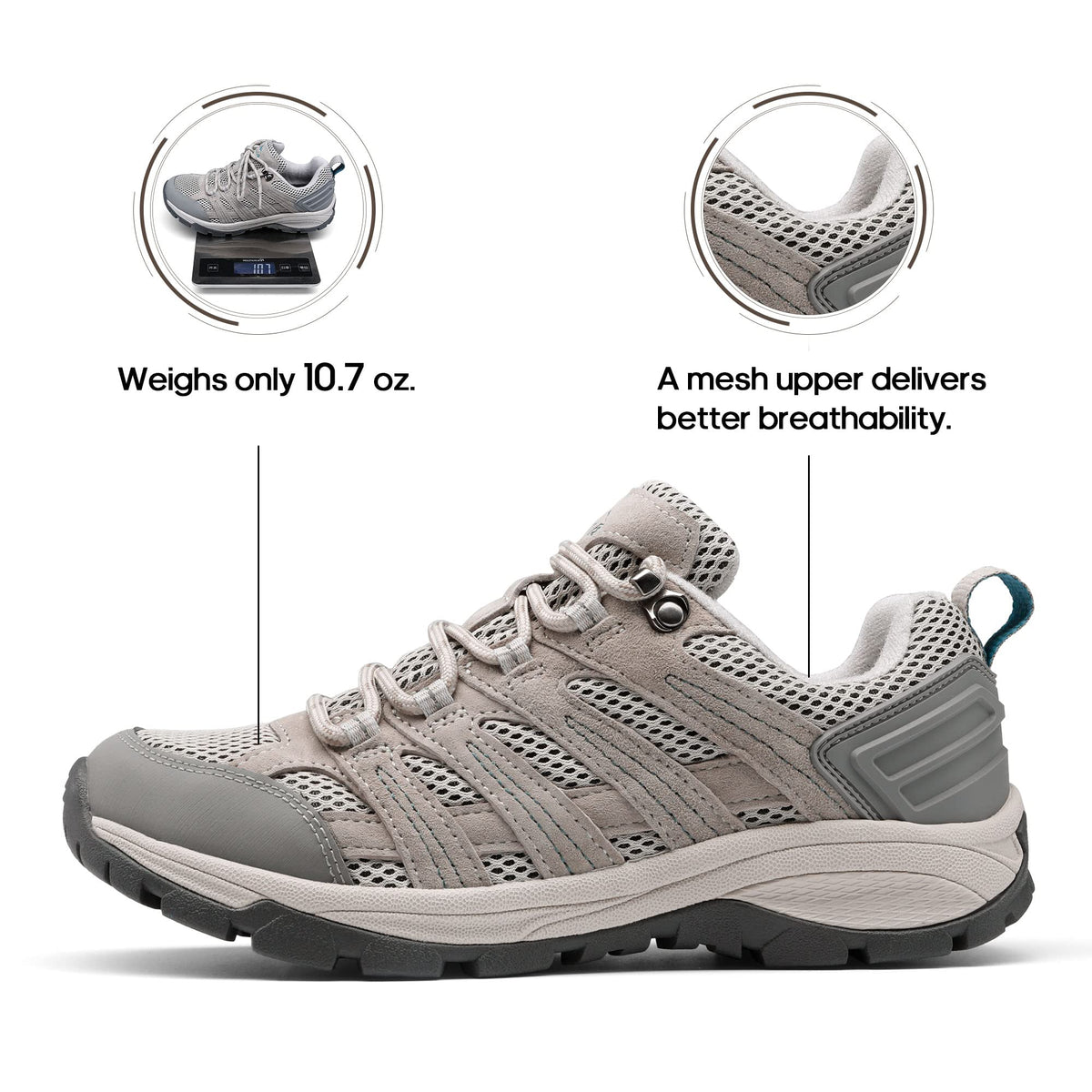 NORTIV 8 Women's Hiking Shoes Lightweight Breathable Mesh Walking Sneakers Outdoor Work Shoes Wander, Light Grey, SNHS222W